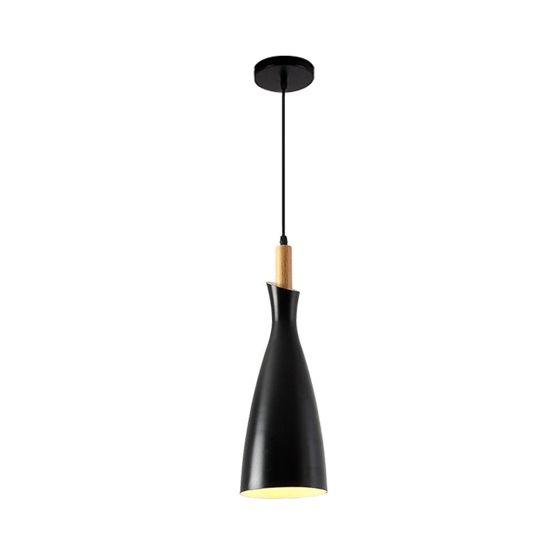 Grey/White/Black Tapered Shade Pendant Nordic Iron LED Ceiling Hang Light in Warm/White Light with Wood Decor Clearhalo 'Ceiling Lights' 'Pendant Lights' 'Pendants' Lighting' 1910060