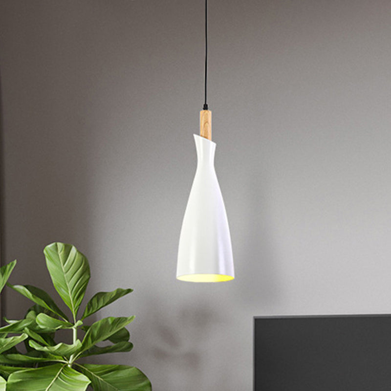 Grey/White/Black Tapered Shade Pendant Nordic Iron LED Ceiling Hang Light in Warm/White Light with Wood Decor White Clearhalo 'Ceiling Lights' 'Pendant Lights' 'Pendants' Lighting' 1910062_48bdb82f-22cc-4fd3-8530-9eff5e8cf6d3