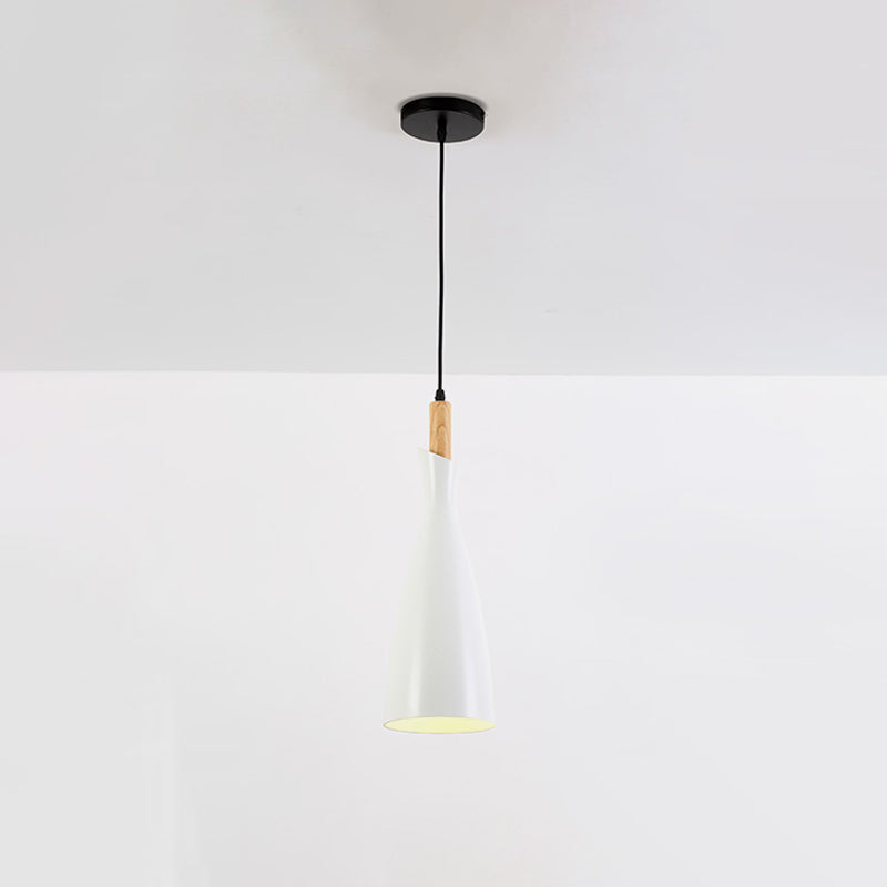 Grey/White/Black Tapered Shade Pendant Nordic Iron LED Ceiling Hang Light in Warm/White Light with Wood Decor Clearhalo 'Ceiling Lights' 'Pendant Lights' 'Pendants' Lighting' 1910063