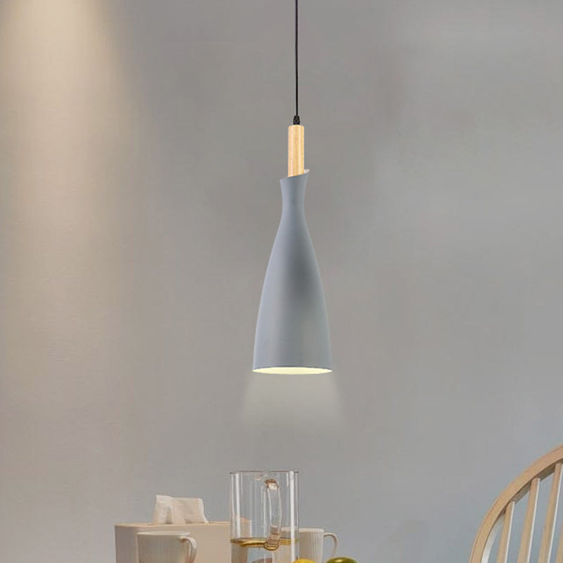 Grey/White/Black Tapered Shade Pendant Nordic Iron LED Ceiling Hang Light in Warm/White Light with Wood Decor Clearhalo 'Ceiling Lights' 'Pendant Lights' 'Pendants' Lighting' 1910065