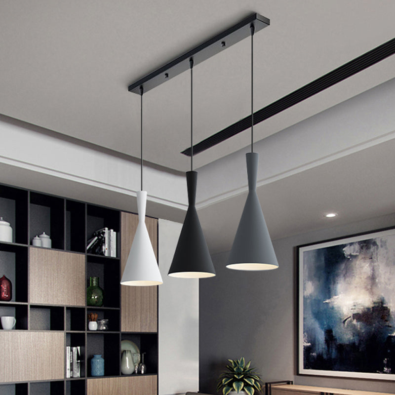 Cluster Funnel Pendant Light Nordic Aluminum 3 Heads Black-Grey-White Suspension Lighting with Round/Linear Canopy Black Gray-White Linear Clearhalo 'Ceiling Lights' 'Pendant Lights' 'Pendants' Lighting' 1910068_a85fbcc6-855e-4a67-a763-0061fd217321