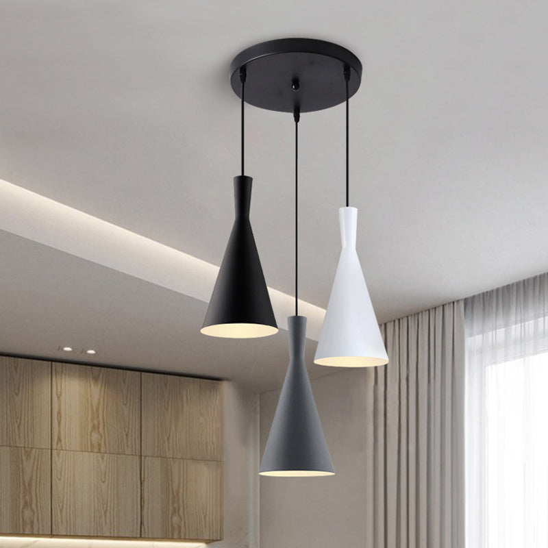 Cluster Funnel Pendant Light Nordic Aluminum 3 Heads Black-Grey-White Suspension Lighting with Round/Linear Canopy Black Gray-White Round Clearhalo 'Ceiling Lights' 'Pendant Lights' 'Pendants' Lighting' 1910073_b3cb7060-7754-48f5-b6e7-b387114eda51