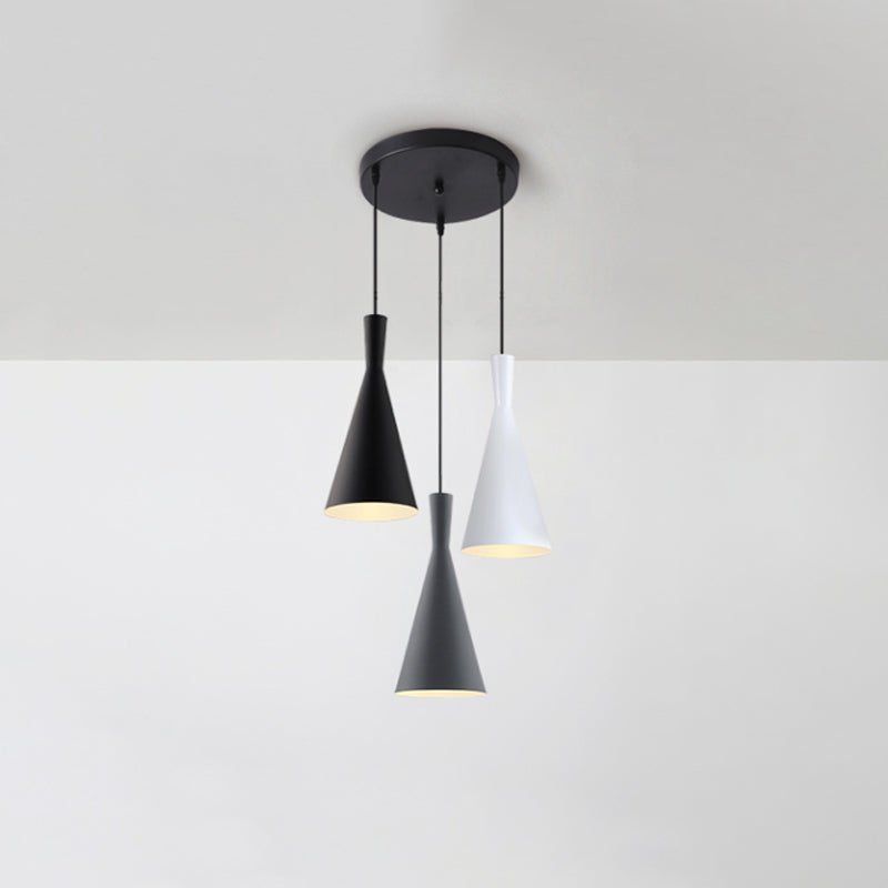 Cluster Funnel Pendant Light Nordic Aluminum 3 Heads Black-Grey-White Suspension Lighting with Round/Linear Canopy Clearhalo 'Ceiling Lights' 'Pendant Lights' 'Pendants' Lighting' 1910075