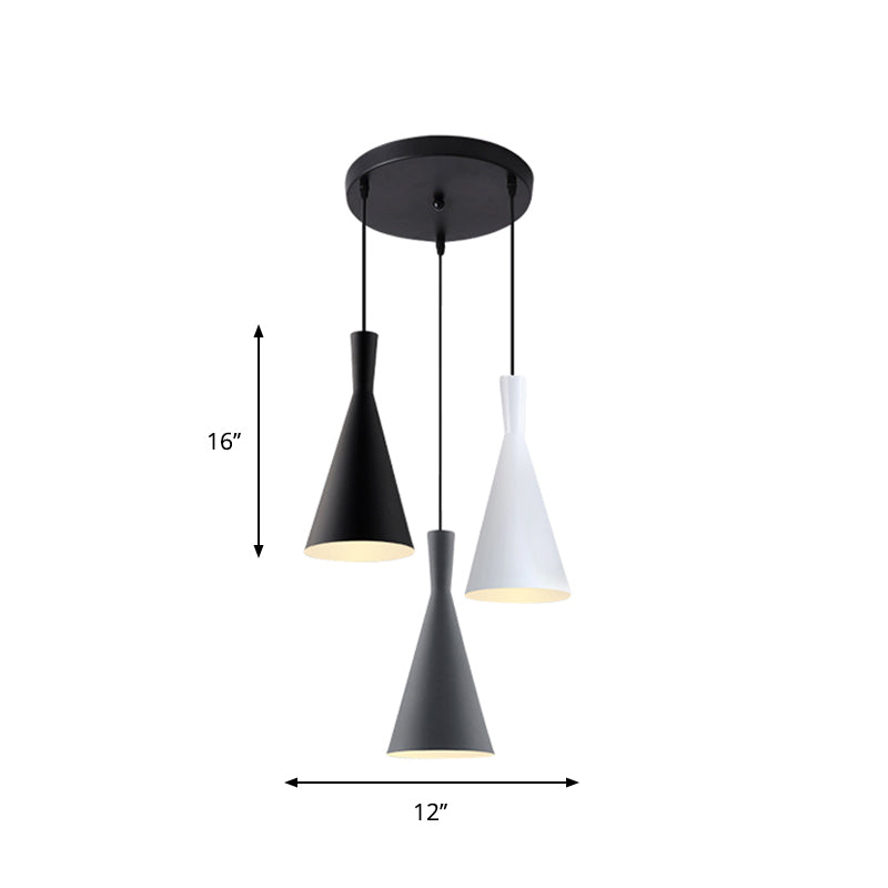 Cluster Funnel Pendant Light Nordic Aluminum 3 Heads Black-Grey-White Suspension Lighting with Round/Linear Canopy Clearhalo 'Ceiling Lights' 'Pendant Lights' 'Pendants' Lighting' 1910077