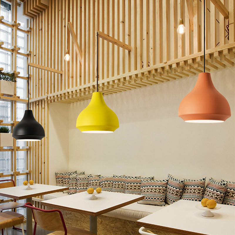 Single-Bulb Cafe Pendant Light Fixture Macaron Grey/Yellow/Orange Hanging Lamp with Vase Aluminum Shade Clearhalo 'Ceiling Lights' 'Pendant Lights' 'Pendants' Lighting' 1910134