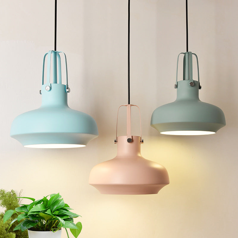 Macaron Pot Pendant Ceiling Lamp Aluminum 1 Head Restaurant Down Lighting with Gripper in Pink/Blue/Grey Clearhalo 'Ceiling Lights' 'Pendant Lights' 'Pendants' Lighting' 1910136