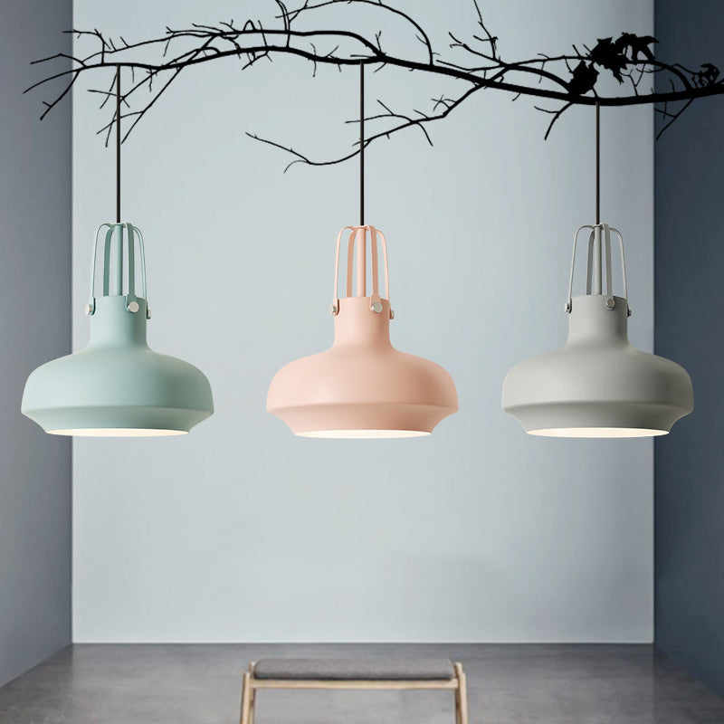 Macaron Pot Pendant Ceiling Lamp Aluminum 1 Head Restaurant Down Lighting with Gripper in Pink/Blue/Grey Green Clearhalo 'Ceiling Lights' 'Pendant Lights' 'Pendants' Lighting' 1910139_5715bcd3-54f6-46f2-8250-e6795cad3c60