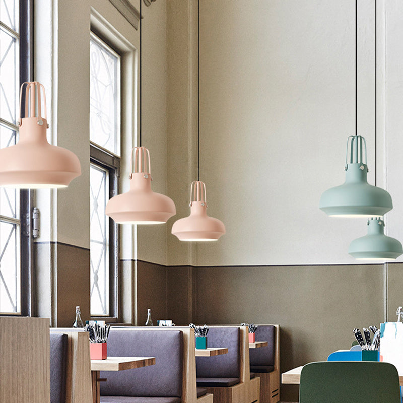 Macaron Pot Pendant Ceiling Lamp Aluminum 1 Head Restaurant Down Lighting with Gripper in Pink/Blue/Grey Clearhalo 'Ceiling Lights' 'Pendant Lights' 'Pendants' Lighting' 1910142