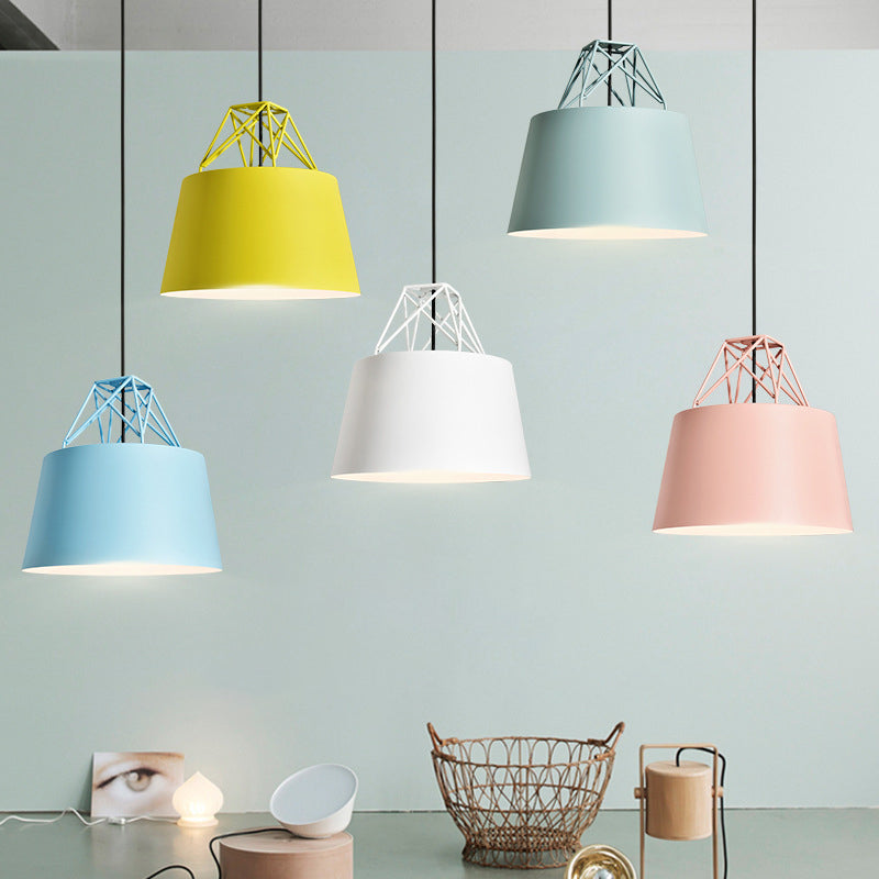 Macaron 1 Bulb Drop Pendant White/Pink/Blue Conical Frustum Hanging Lamp Fixture with Aluminum Shade and Wire Top Yellow Clearhalo 'Ceiling Lights' 'Pendant Lights' 'Pendants' Lighting' 1910151_64f7d4a2-71ce-4cd9-9fe6-e078a8680a80