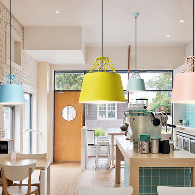 Macaron 1 Bulb Drop Pendant White/Pink/Blue Conical Frustum Hanging Lamp Fixture with Aluminum Shade and Wire Top Clearhalo 'Ceiling Lights' 'Pendant Lights' 'Pendants' Lighting' 1910153