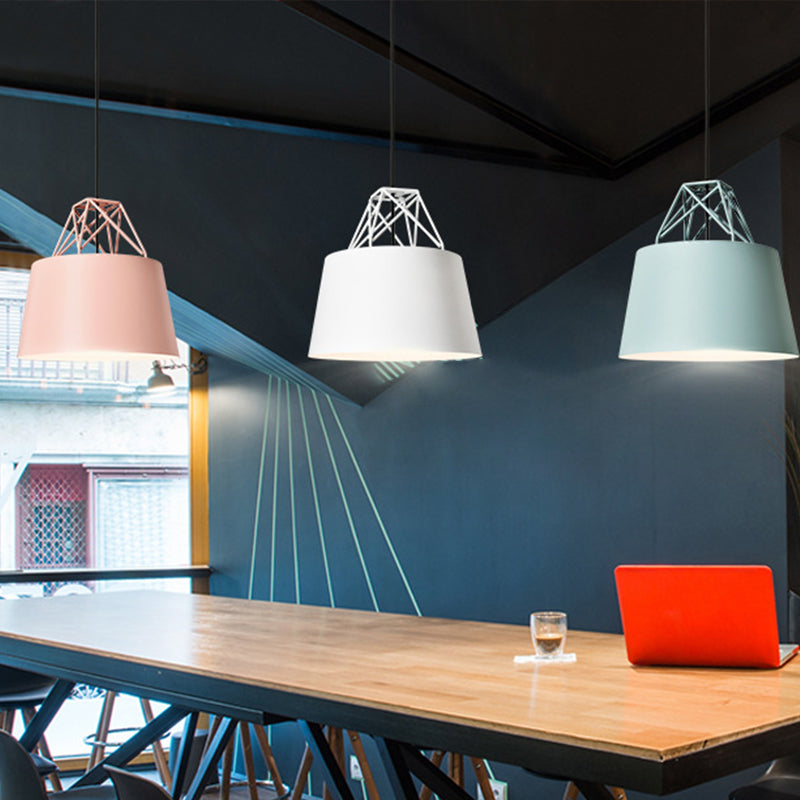 Macaron 1 Bulb Drop Pendant White/Pink/Blue Conical Frustum Hanging Lamp Fixture with Aluminum Shade and Wire Top Clearhalo 'Ceiling Lights' 'Pendant Lights' 'Pendants' Lighting' 1910156