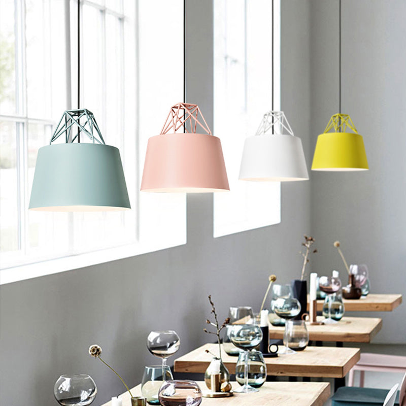 Macaron 1 Bulb Drop Pendant White/Pink/Blue Conical Frustum Hanging Lamp Fixture with Aluminum Shade and Wire Top Clearhalo 'Ceiling Lights' 'Pendant Lights' 'Pendants' Lighting' 1910163