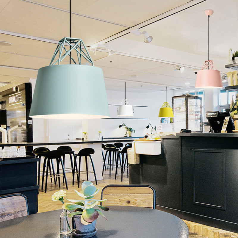 Macaron 1 Bulb Drop Pendant White/Pink/Blue Conical Frustum Hanging Lamp Fixture with Aluminum Shade and Wire Top Clearhalo 'Ceiling Lights' 'Pendant Lights' 'Pendants' Lighting' 1910164