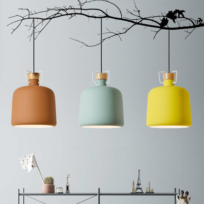 Wine Jar Shaped Down Lighting Macaron Aluminum 1-Light Open Kitchen Pendant Lamp in Blue/Gold/Brown with Wood Cork Brown Clearhalo 'Ceiling Lights' 'Pendant Lights' 'Pendants' Lighting' 1910168_2ea781ff-0593-49dd-97ba-ac2ded9cc64f