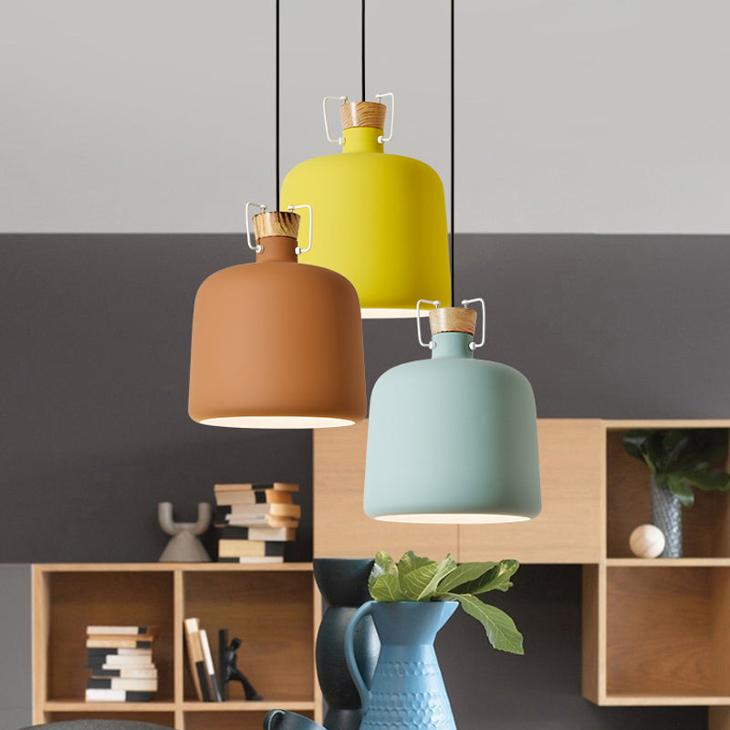 Wine Jar Shaped Down Lighting Macaron Aluminum 1-Light Open Kitchen Pendant Lamp in Blue/Gold/Brown with Wood Cork Clearhalo 'Ceiling Lights' 'Pendant Lights' 'Pendants' Lighting' 1910170