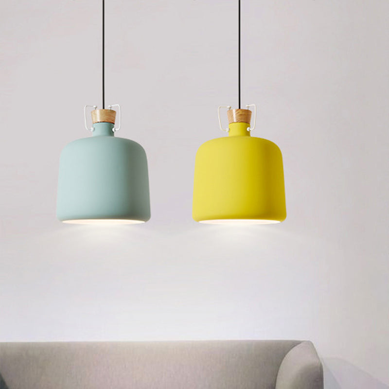 Wine Jar Shaped Down Lighting Macaron Aluminum 1-Light Open Kitchen Pendant Lamp in Blue/Gold/Brown with Wood Cork Green Clearhalo 'Ceiling Lights' 'Pendant Lights' 'Pendants' Lighting' 1910173_7f0880a4-daf9-4727-bb40-dff531fc8bf8