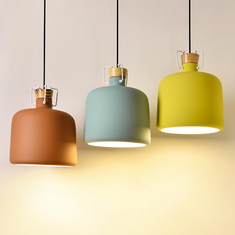 Wine Jar Shaped Down Lighting Macaron Aluminum 1-Light Open Kitchen Pendant Lamp in Blue/Gold/Brown with Wood Cork Clearhalo 'Ceiling Lights' 'Pendant Lights' 'Pendants' Lighting' 1910174