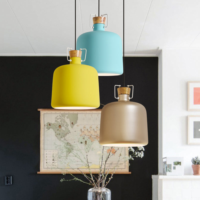 Wine Jar Shaped Down Lighting Macaron Aluminum 1-Light Open Kitchen Pendant Lamp in Blue/Gold/Brown with Wood Cork Clearhalo 'Ceiling Lights' 'Pendant Lights' 'Pendants' Lighting' 1910177