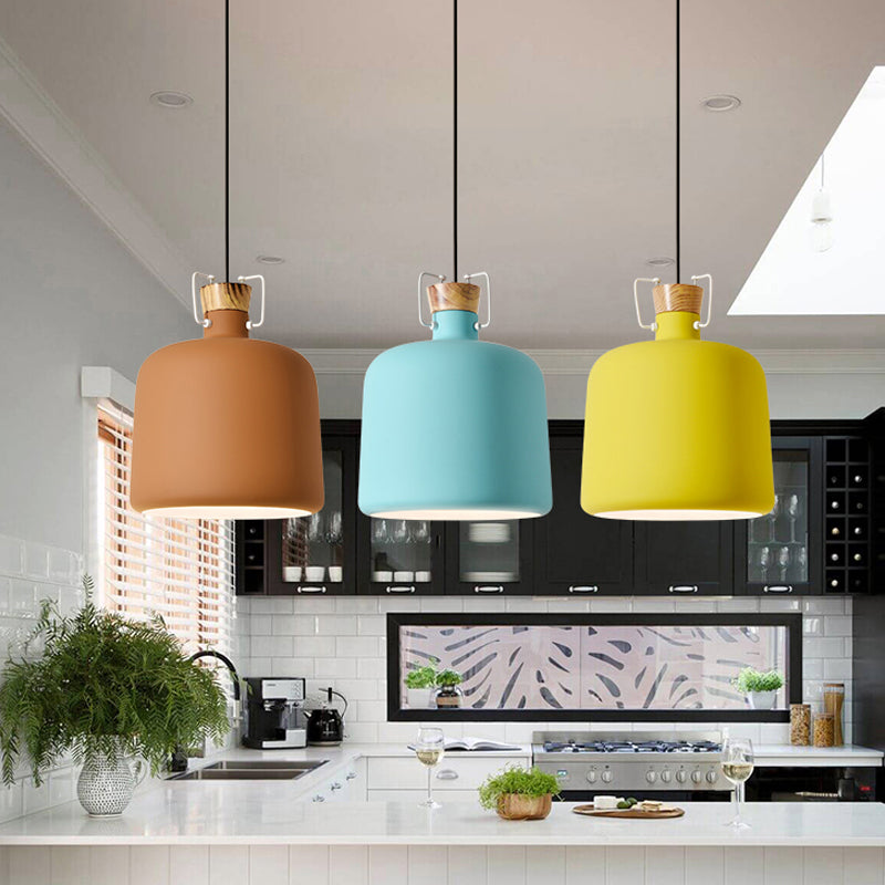 Wine Jar Shaped Down Lighting Macaron Aluminum 1-Light Open Kitchen Pendant Lamp in Blue/Gold/Brown with Wood Cork Blue Clearhalo 'Ceiling Lights' 'Pendant Lights' 'Pendants' Lighting' 1910181_4d2ab186-2da3-42a7-a403-90215e1f3a15