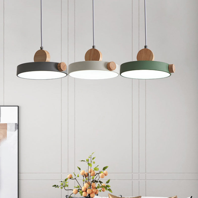 Grey/White/Green Round Hanging Light Nordic LED Acrylic Ceiling Suspension Lamp with Wood Decoration Clearhalo 'Ceiling Lights' 'Pendant Lights' 'Pendants' Lighting' 1910195