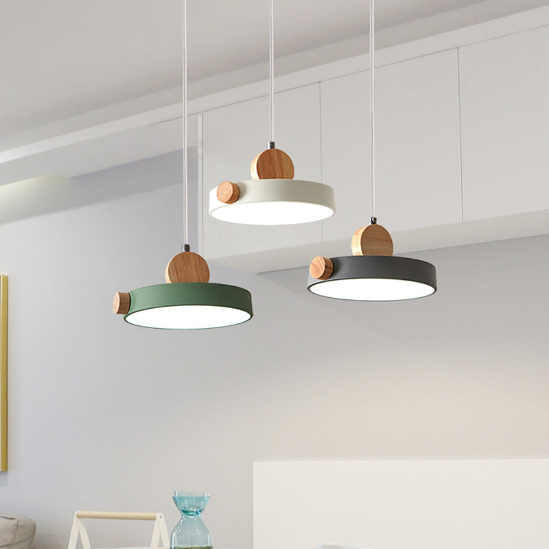 Grey/White/Green Round Hanging Light Nordic LED Acrylic Ceiling Suspension Lamp with Wood Decoration White Clearhalo 'Ceiling Lights' 'Pendant Lights' 'Pendants' Lighting' 1910200_69418d58-b585-4b3a-851c-18534e260d5e