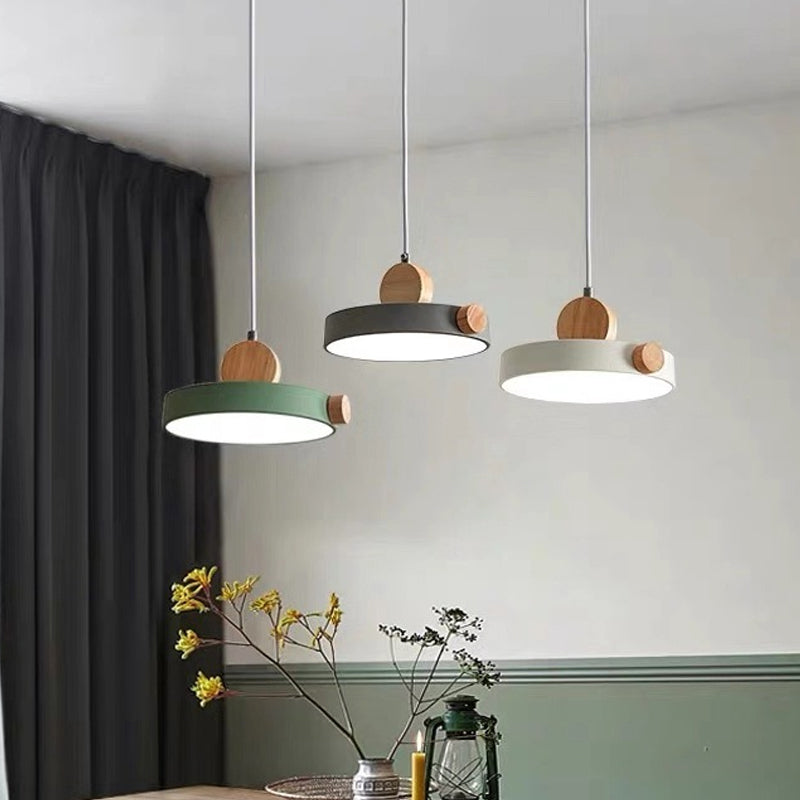 Grey/White/Green Round Hanging Light Nordic LED Acrylic Ceiling Suspension Lamp with Wood Decoration Clearhalo 'Ceiling Lights' 'Pendant Lights' 'Pendants' Lighting' 1910204