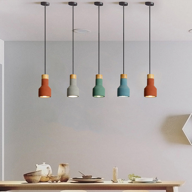 Mini Jar Shaped Cement Drop Pendant Macaron Single Green/Grey/Blue and Wood Pendulum Light for Kitchen Bar Clearhalo 'Ceiling Lights' 'Pendant Lights' 'Pendants' Lighting' 1910252