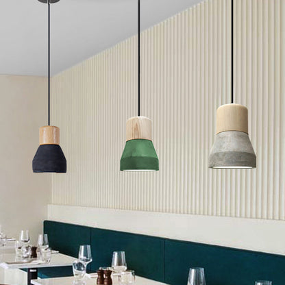 Cement Bottle Small Hanging Lamp Macaron Single Red/Grey/Green Ceiling Pendant Light with Wood Top Grey A Clearhalo 'Ceiling Lights' 'Pendant Lights' 'Pendants' Lighting' 1910271_7048ead8-6f52-4723-adb9-9d5f6db4df16