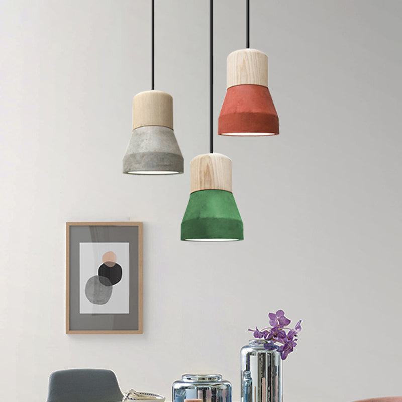 Cement Bottle Small Hanging Lamp Macaron Single Red/Grey/Green Ceiling Pendant Light with Wood Top Clearhalo 'Ceiling Lights' 'Pendant Lights' 'Pendants' Lighting' 1910275