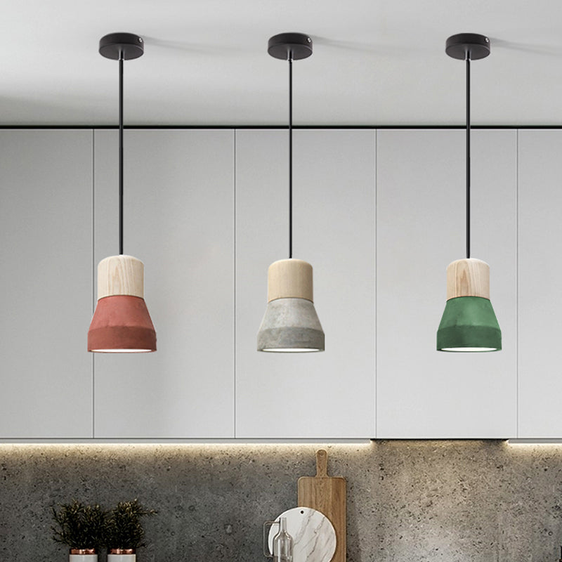 Cement Bottle Small Hanging Lamp Macaron Single Red/Grey/Green Ceiling Pendant Light with Wood Top Clearhalo 'Ceiling Lights' 'Pendant Lights' 'Pendants' Lighting' 1910276