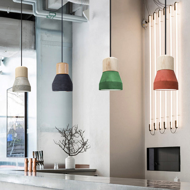 Cement Bottle Small Hanging Lamp Macaron Single Red/Grey/Green Ceiling Pendant Light with Wood Top Clearhalo 'Ceiling Lights' 'Pendant Lights' 'Pendants' Lighting' 1910279