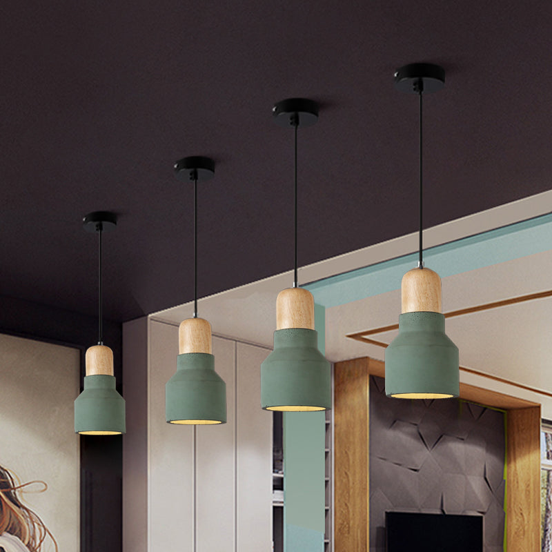 Cement Bottle Small Hanging Lamp Macaron Single Red/Grey/Green Ceiling Pendant Light with Wood Top Clearhalo 'Ceiling Lights' 'Pendant Lights' 'Pendants' Lighting' 1910290