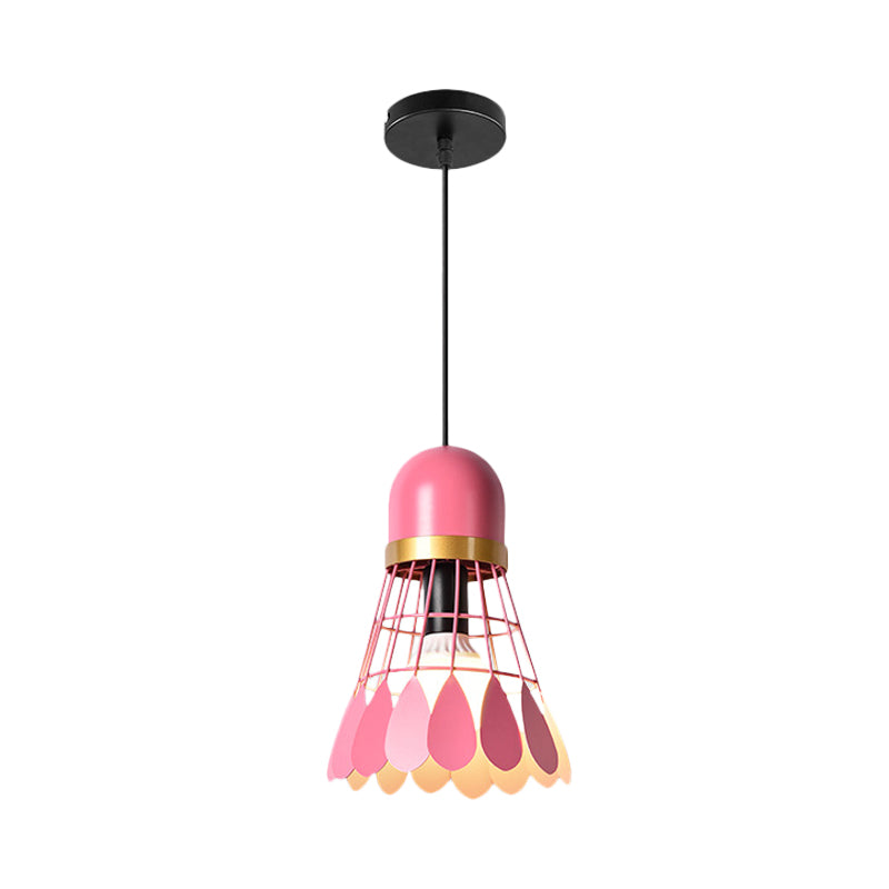 1 Bulb Kitchen Dinette Drop Lamp Macaron Pink Pendant Ceiling Light with Bottle/Badminton/Cone Metal Shade Clearhalo 'Ceiling Lights' 'Pendant Lights' 'Pendants' Lighting' 1910297