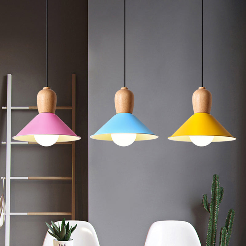 1 Bulb Kitchen Dinette Drop Lamp Macaron Pink Pendant Ceiling Light with Bottle/Badminton/Cone Metal Shade Pink Cone Clearhalo 'Ceiling Lights' 'Pendant Lights' 'Pendants' Lighting' 1910300_8f15f7d7-519f-4c0c-b4d3-ca06ae583118