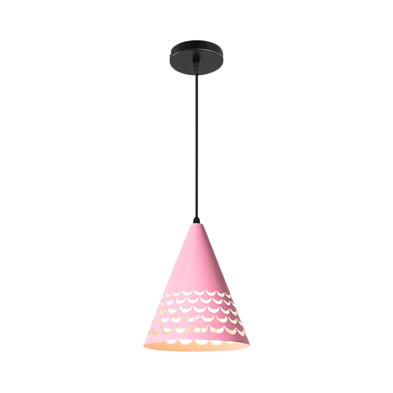 1 Bulb Kitchen Dinette Drop Lamp Macaron Pink Pendant Ceiling Light with Bottle/Badminton/Cone Metal Shade Pink Long Cone Clearhalo 'Ceiling Lights' 'Pendant Lights' 'Pendants' Lighting' 1910306_0cbc8a0c-95bb-492e-bce8-516b37725b33