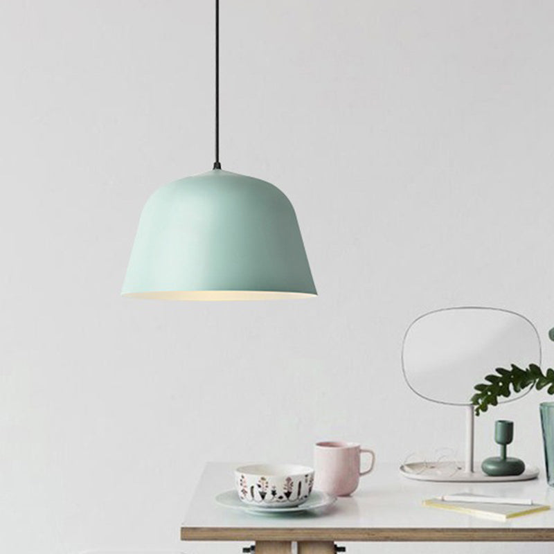 Macaron Single-Bulb Drop Pendant Pink/Grey/Green Bowl Pendulum Light with Iron Shade, 10"/12.5" Width Clearhalo 'Ceiling Lights' 'Pendant Lights' 'Pendants' Lighting' 1910319