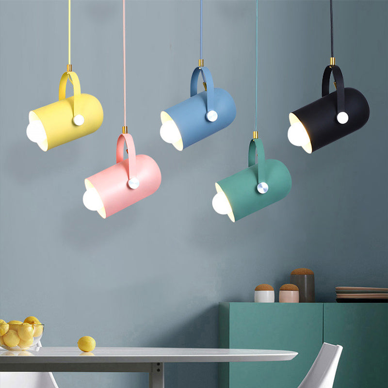 1-Light Clothing Store Pendant Lighting Macaron Blue/Pink/Black Handled Suspension Light with Cloche Aluminum Shade Black Clearhalo 'Ceiling Lights' 'Pendant Lights' 'Pendants' Lighting' 1910330_72f3f62b-9342-4caa-b332-89312d8220df
