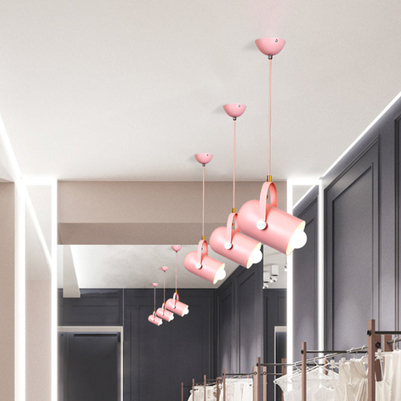 1-Light Clothing Store Pendant Lighting Macaron Blue/Pink/Black Handled Suspension Light with Cloche Aluminum Shade Pink Clearhalo 'Ceiling Lights' 'Pendant Lights' 'Pendants' Lighting' 1910339_e65bee7a-43e3-496a-92f9-a33d7d5b311d
