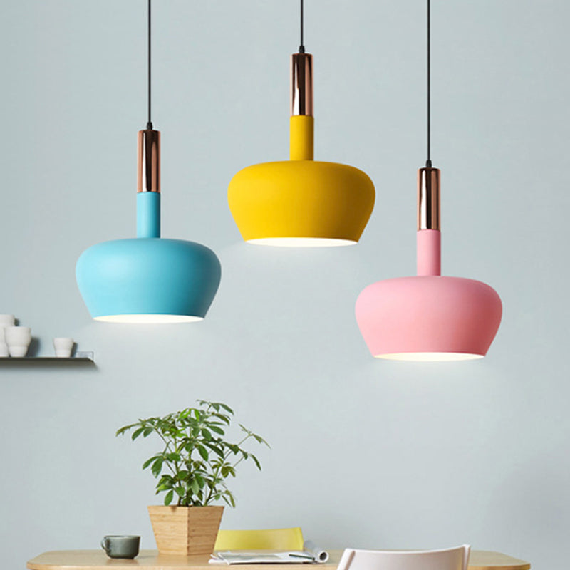 Apple-Shape Down Lighting Pendant Macaron Metallic 1 Light Pink/Blue/Yellow Ceiling Hang Light with Handle Clearhalo 'Ceiling Lights' 'Pendant Lights' 'Pendants' Lighting' 1910348