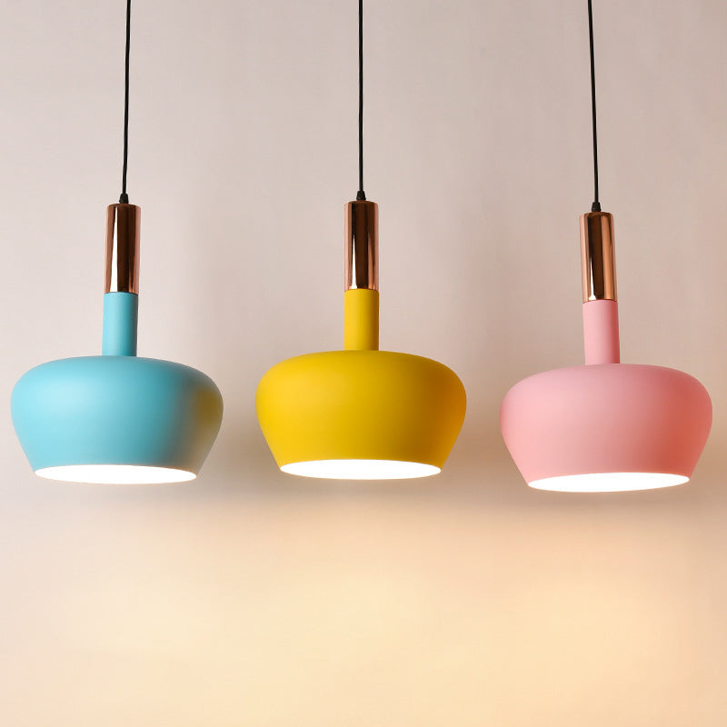 Apple-Shape Down Lighting Pendant Macaron Metallic 1 Light Pink/Blue/Yellow Ceiling Hang Light with Handle Blue Clearhalo 'Ceiling Lights' 'Pendant Lights' 'Pendants' Lighting' 1910351_45d7adf9-47b7-4e28-85a8-f1d8dd602b63