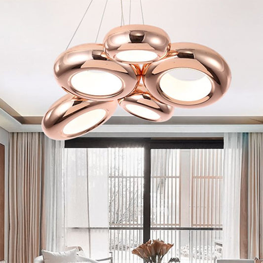 Donut Iron LED Ceiling Lamp Modern 1/3/5 Lights Black/Rose Gold Chandelier Pendant with Adjustable Cords 5 Rose Gold Clearhalo 'Ceiling Lights' 'Chandeliers' 'Modern Chandeliers' 'Modern' Lighting' 1910446