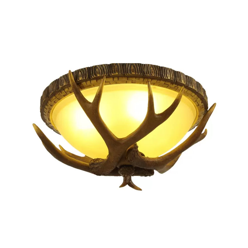 Brown Antler Ceiling Flush Light Lodge Resin 3 Bulbs Kitchen Flush Mounted Lamp with Dome Frosted Glass Shade Brown Clearhalo 'Ceiling Lights' 'Close To Ceiling Lights' 'Close to ceiling' 'Flush mount' Lighting' 1910976