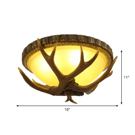 Brown Antler Ceiling Flush Light Lodge Resin 3 Bulbs Kitchen Flush Mounted Lamp with Dome Frosted Glass Shade Clearhalo 'Ceiling Lights' 'Close To Ceiling Lights' 'Close to ceiling' 'Flush mount' Lighting' 1910977