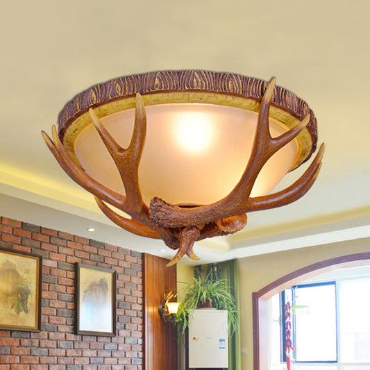 3 Lights Dome Flush Mount Farmhouse Brown Frosted Glass Ceiling Light Fixture with Antler Deco Brown Clearhalo 'Ceiling Lights' 'Close To Ceiling Lights' 'Close to ceiling' 'Flush mount' Lighting' 1910978