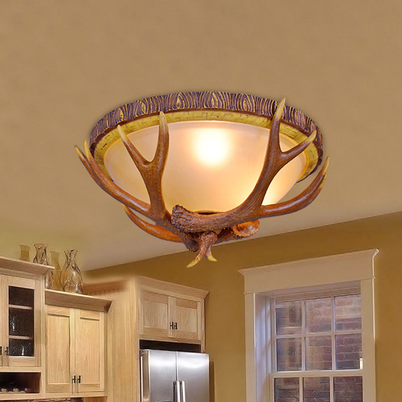 3 Lights Dome Flush Mount Farmhouse Brown Frosted Glass Ceiling Light Fixture with Antler Deco Clearhalo 'Ceiling Lights' 'Close To Ceiling Lights' 'Close to ceiling' 'Flush mount' Lighting' 1910979