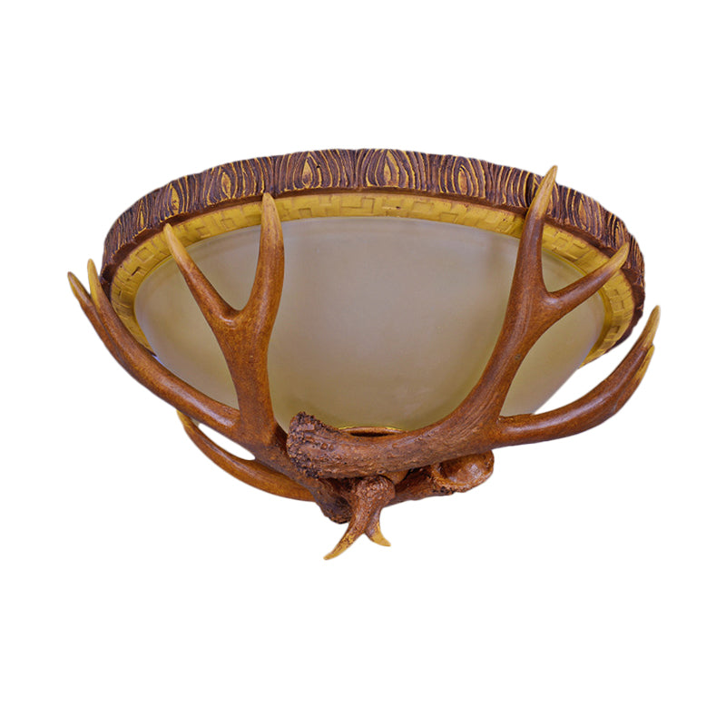 3 Lights Dome Flush Mount Farmhouse Brown Frosted Glass Ceiling Light Fixture with Antler Deco Clearhalo 'Ceiling Lights' 'Close To Ceiling Lights' 'Close to ceiling' 'Flush mount' Lighting' 1910980