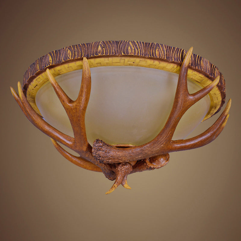 3 Lights Dome Flush Mount Farmhouse Brown Frosted Glass Ceiling Light Fixture with Antler Deco Clearhalo 'Ceiling Lights' 'Close To Ceiling Lights' 'Close to ceiling' 'Flush mount' Lighting' 1910981