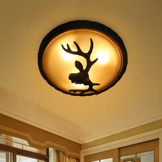 Domed Tan Glass Flush Light Rustic 3-Bulb Dining Room Deer Head Decorated Ceiling Fixture in Brown Brown Clearhalo 'Ceiling Lights' 'Close To Ceiling Lights' 'Close to ceiling' 'Flush mount' Lighting' 1910983