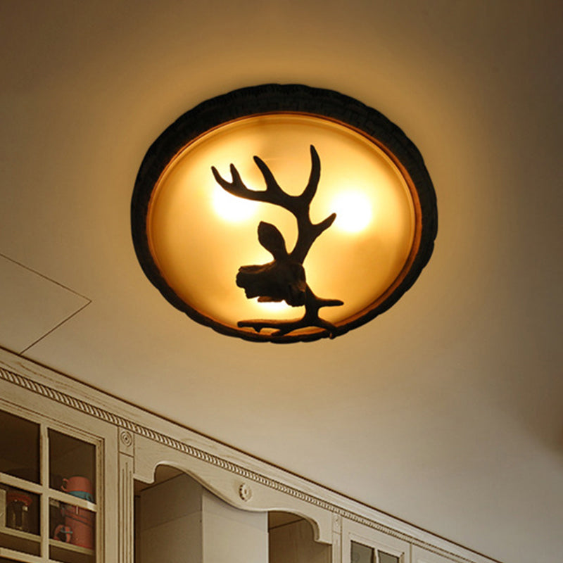 Domed Tan Glass Flush Light Rustic 3-Bulb Dining Room Deer Head Decorated Ceiling Fixture in Brown Clearhalo 'Ceiling Lights' 'Close To Ceiling Lights' 'Close to ceiling' 'Flush mount' Lighting' 1910984