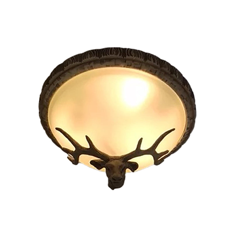 Domed Tan Glass Flush Light Rustic 3-Bulb Dining Room Deer Head Decorated Ceiling Fixture in Brown Clearhalo 'Ceiling Lights' 'Close To Ceiling Lights' 'Close to ceiling' 'Flush mount' Lighting' 1910985